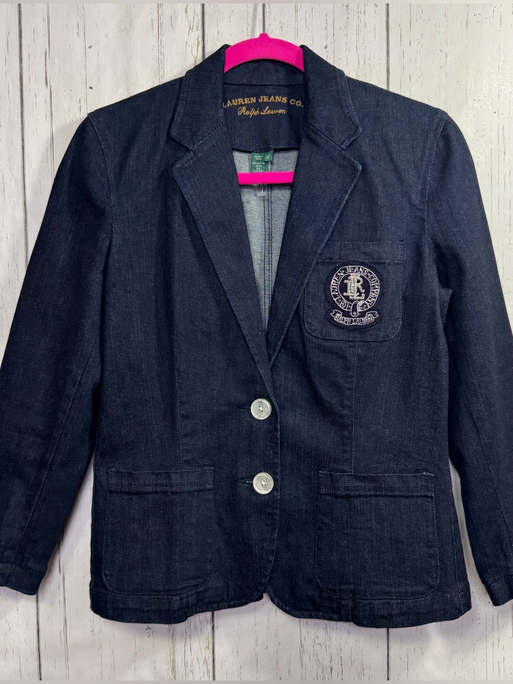 Lauren Ralph Lauren Dark Denim XS Crest Patch Blazer Preppy Equestrian Academia